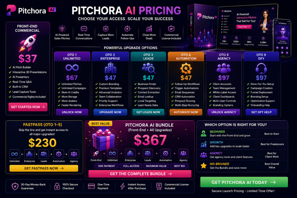 Explore Pitchora AI pricing including Front-End commercial access, Unlimited, Enterprise, Leads, Automation, Agency, DFY upgrades, FastPass, and Bundle deals. Compare every Pitchora AI price, commercial features, bonuses, and choose the best option before you buy.