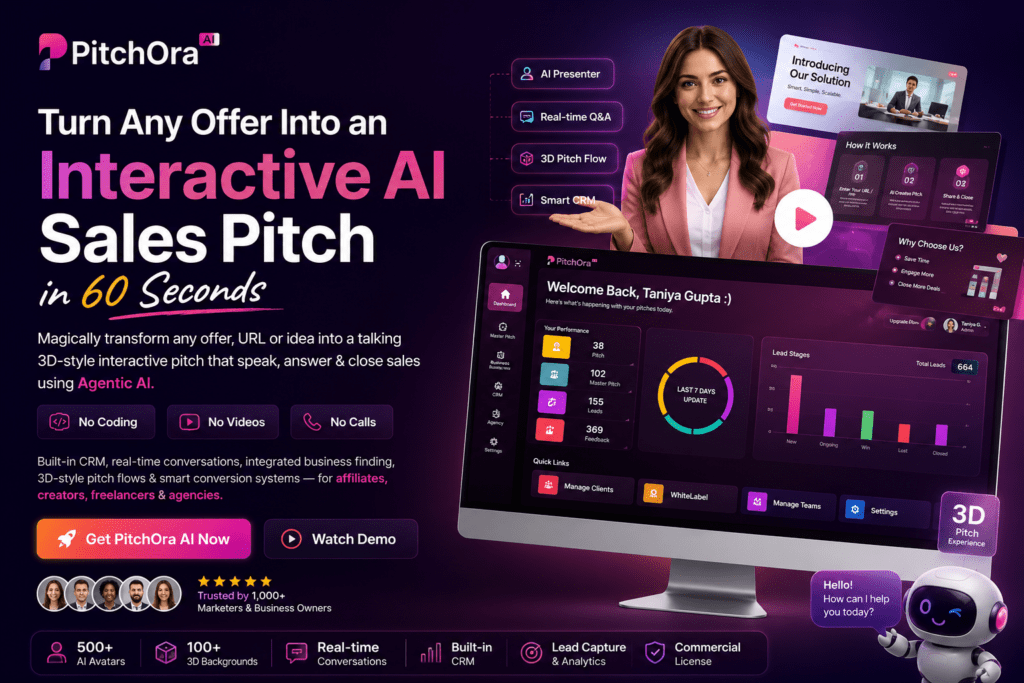 Pitchora AI hero banner showing interactive AI sales pitch platform with 3D-style dashboard, AI presenter, smart CRM, real-time conversations, avatars, and commercial business automation features.