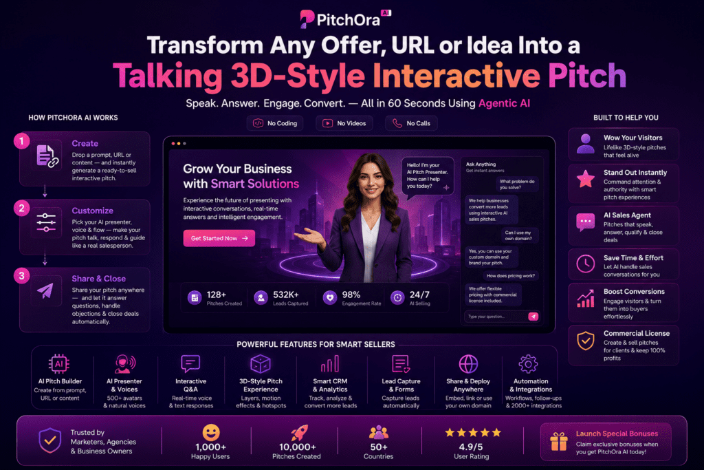 Pitchora AI homepage image showing how Pitchora AI works with AI pitch builder, lifelike AI presenter, interactive Q&A, 3D-style pitch experience, smart CRM, lead capture, automation tools, and commercial business features.